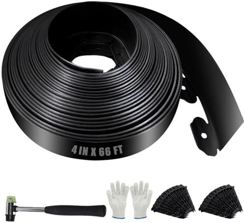 Bordure de Jardin en Plastique Flexible 10cm x 20m - Bordure de Pelouse Résistante avec 200 Piquets d'ancrage + Marteau + Gants - Délimitation pour Gazon, Allée, Parterre - Noir