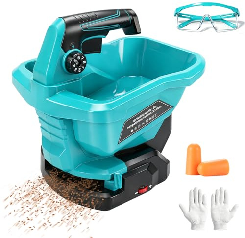 Esparcidor de abono compatible con batería Makita de 18 V, carro esparcidor de abono para césped con depósito de 3,8 litros, regulación de velocidad de 6 niveles, anchura máxima de siembra 5 m, ángulo