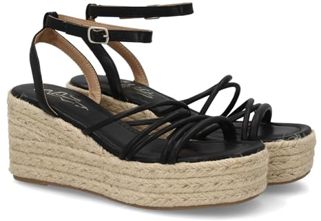 shoes&blues.es 104132 Sandalia de Cuna para Mujer con Diseno de Tiras Finas entrelazadas, Plataforma Forrada en Yute Ideal Verano, Suela Ligera y Flexible, Cierre de Hebilla Ajustable. Negro Talla 38