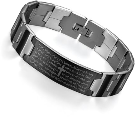 Flongo rostfritt stål armband armband länk handled svart silver krucifix kors engelsk bibel herr bön klassisk berlock män, 20 centimeters, Rostfritt stål