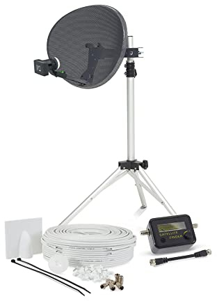 SSL Satellites 60cm Zone1 Portable Satellite Dish Kit Tripod Quad LNB & Satellite Finder - 20M Twin White - Full DIY Kit for Caravan