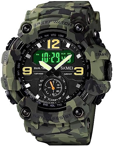 Gosasa Orologio da uomo, multifunzione, militare, S-Shock, sportivo, digitale, impermeabile, con allarme, A _1637_mimetico&verde, Big, Sportivo