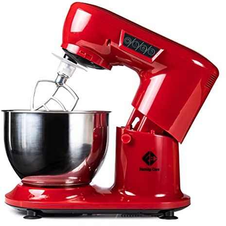 Family Care Küchenmaschine - Knetmaschine, 1000 W, 4,5 l Edelstahl-Schüssel, Edelstahl-Teigkneter, Schneebesen und Rührbesen, Spritzschutz, Rote Farbe