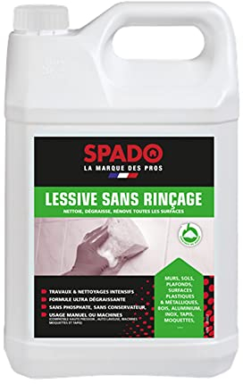SPADO- Lessive, nettoyage sans rinçage - Murs, sols, plafonds, plastiques, métaux - Nettoie, dégraisse, décrasse, rénove - Usage manuel ou machine - sans phosphate -5L -Fabriqué en France