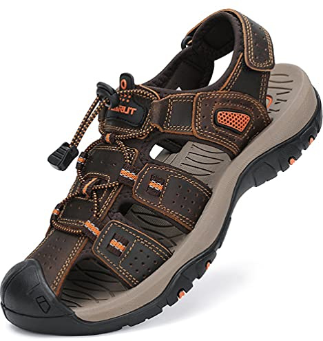 FLARUT Sandaler Herr Bekväma Sportsandaler Sandaler Med Stängd tå för Män Trekking Strand Justerbara(Mörkbrun,39 EU)
