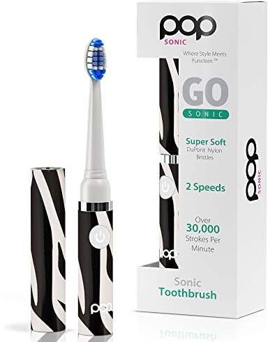 Pop Sonic Cepillo de dientes eléctrico (cebra) – Cepillos de dientes de viaje con batería AAA | Cepillos de dientes eléctricos para niños con 2 velocidades y 15,000-30,000 tiempos/minuto, cerdas de