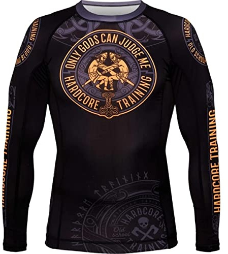 Hardcore träning män rashguard kompression lång arm Jiu Jitsu MMA No-Gi tajt BJJ Grappling basskikt kamp, svart/orange, M