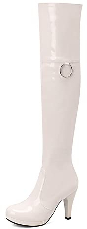 MRKEWUNEY Fashion Chunky Heels Overknee Boots for Women Zipper Round Toe Long Boots Catwalk Party Wedding High Boots Patent White Size 37