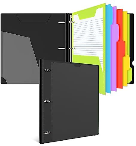 INFUN All-in-One-Teleskop-Notizbuch, nachfüllbar, 3-Ring-Notizbuch mit 1 beweglichen Kunststofftaschenordner, 5 Kunststoff-Trennblättern, Millimeterpapier und liniertem College-Papier, Schwarz