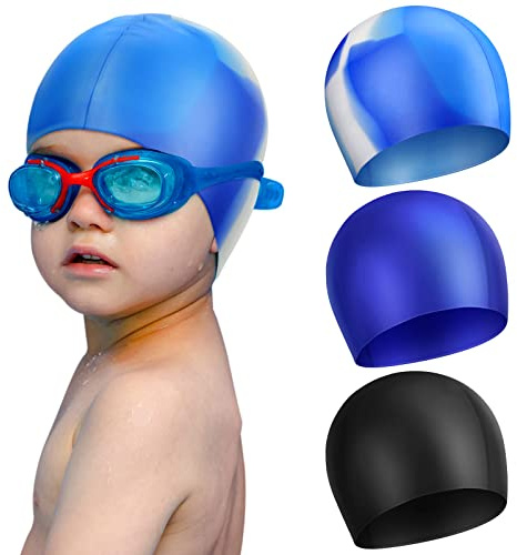 3 Pcs Swim Cap Kids Waterproof Silicone Swimming Caps for Girls Boys Adults Over 5 Years Old Pool Swim Hat for Toddler Children and Adults(Stylish Color)