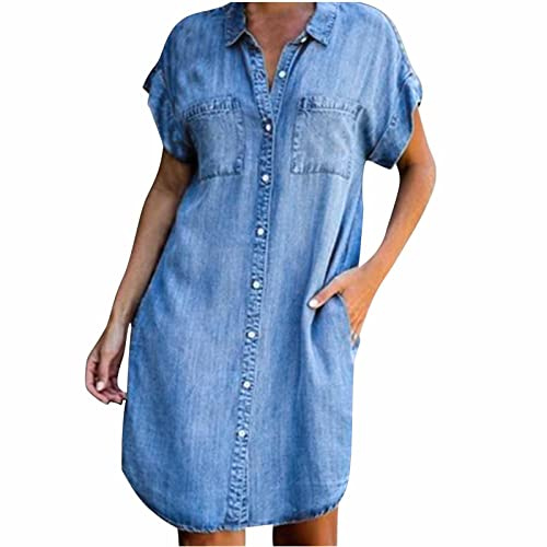 2023 Vestidos Corto Vaqueros Mujer, Colores sólidos Fiesta Vestido de Noche Denim Mezclilla Camisa Cuello en V Manga Corta Elegante Verano Suelto Casual Vestido Bolsillos Mini Vestir Vacaciones
