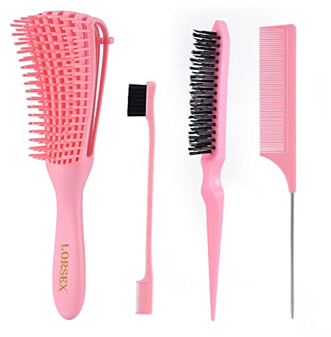 LORSEX Cepillo para el cabello, cepillo para desenredar el cabello natural para cabello afro 3a a 4c Cabello rizado ondulado enredado con juego de cepillo para peluquín de 3 piezas (rosa)