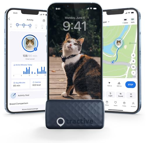 Tractive Localizzatore GPS e monitoraggio della salute per gatti (2,9 kg+) – Localizzatore di posizione GPS per animali domestici leader di mercato | Allerta benessere e fuga | Impermeabile | Funziona
