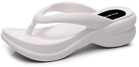 New front Chanclas de Fondo Grueso para Damas Nuevas de Verano Tacón de Cuña Arrastra Usar Sandalias de Playa con Punta de Clip Caseras Cómodas,Blanco,35