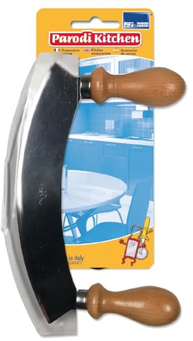 PARODI & PARODI - Mezzaluna Cucina Acciaio Impugnatura Legno, Coltello Lama Fissa Lunga 22 cm Lavabile Antiruggine, Accessori Cucina per Sminuzzare Erbe e Spezie Utensili Cucina Taglia Verdure Manuale