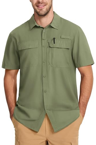 MAGCOMSEN Work Shirts for Men Moisture Wicking Fishing Shirt Short Sleeve Safari Clothes Sun Protection SPF Shirts Grey Green XL