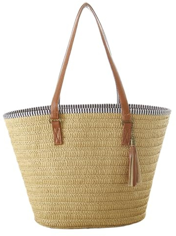 Obelunrp Strandväska för kvinnor, 45 cm halmvävd strandväska med fuskläderhandtag, stor axelväska för sommarresor strand, Ljusbrunt, 18inch
