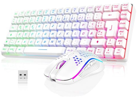 RedThunder K84 - Set tastiera e Mouse Wireless da gioco, Layout QWERTZ DE, ricaricabile, Ultra leggero, con struttura a Nido d'ape per PC Mac PS5 Xbox Gamer [versione Bianca 2024]