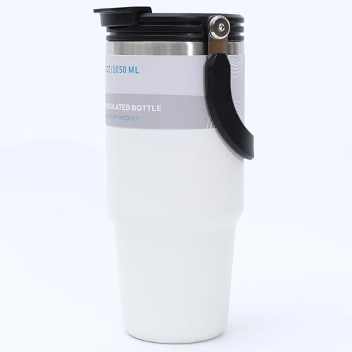 Disoza Termomugg 30 Oz Dricksmugg Med Lock Och Sugrör Vit Dricksflaska Med Sugrör 900 Ml Kaffemugg Att Gå Kaffemugg Med Sugrör Rostfritt Stål Tumbler Kopp Vattenflaska Med Handtag