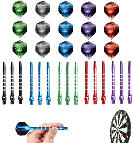 Bansusu 30Pcs Dart flights and Stems Sets Durable Metal Dart Stems Color Darts Flights and Stems Pack Increase Speed and Reduce Drag for Indoor Dart Games