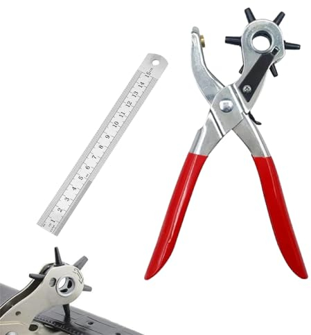 Alicates Sacabocado Agujero, Perforadora Cuero, Agujereador de Cinturones, Sacabocados Cuero, 6 Tamaños Maquina Agujeros Cinturon con Regla, Hacer Agujeros Cinturon para Piel, Correas, Tarjetas, Goma
