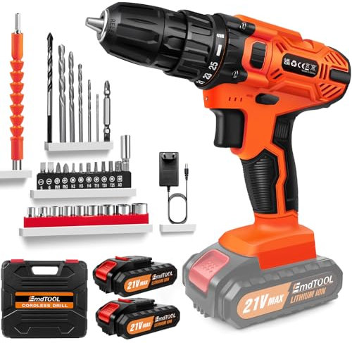 Perceuse Visseuse Sans Fil 21V, Visseuse Devisseuse avec 2*Batteries de haute capacité, 40Nm Percussion, 25+1 Réglages de Couple, 29 Accessoires, 2 Vitesses, Lumière LED, pour le jardinage domestique