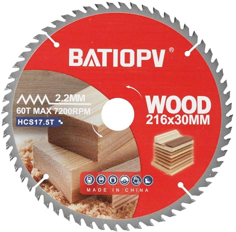 BATIOPV Hoja de sierra circular de 216 x 30 mm, 60 dientes (para madera, tableros de partículas, madera contrachapada, dura, etc.) | Compatible con Dewalt Makita Bosch, hojas de sierra
