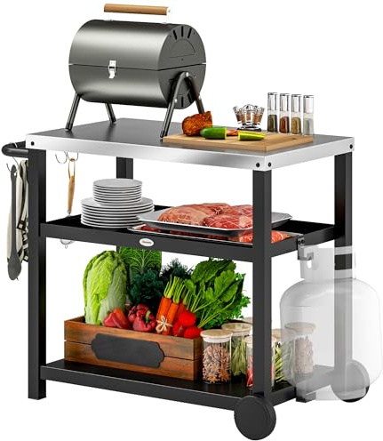 Outsunny Grillwagen 3-Etagen Arbeitsfläche Haken 102x50x81cm Kohlegrau