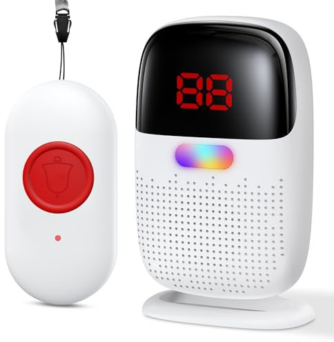 Pakinui Ausili Pulsante Salvavita Anziani, Campanello per Anziani con Display Digitale, Pulsante Emergenza Anziani Ricaricabile, Campanello Anziani con 38 Canzoni (1 Trasmettitore e 1 Ricevitore)