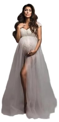 QXWD - Vestidos de maternidad para embarazo, body de encaje de tul, abertura lateral larga con vestido volador, traje para sesión de fotos para mujer embarazada, azul celeste, Altoa única