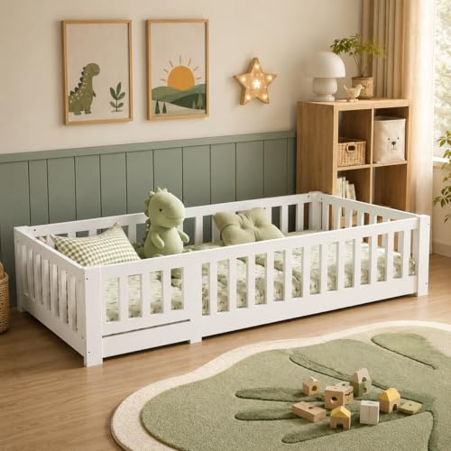 KRYZOR Lit d'enfant Lit au Sol 90x200 cm, lit en Bois pour Enfants avec Protection Contre Les Chutes & sommier à Lattes, Montessori Lits à barreaux pour Bébés, Blanc (Blanc)