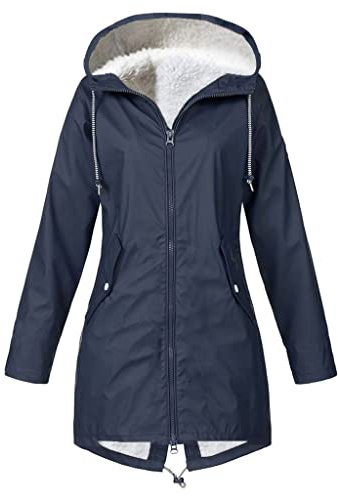 YCBMINGCAN Chubasquero para mujer forrado | Chaqueta de invierno impermeable con capucha | Chaqueta funcional para exteriores con forro de peluche | Chubasquero largo para otoño e invierno, marine, M