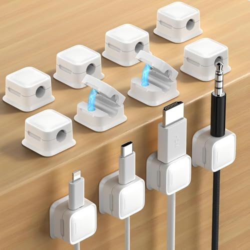 8 piezas de sujetadores de cable, clips de cable autoadhesivos, soporte magnético para cables para escritorio, cable de alimentación, cable de carga USB, cargadores, cable de audio (Blanco)