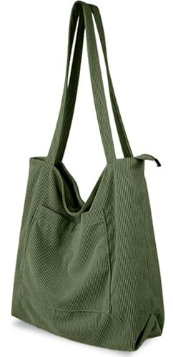 flintronic Corduroy Tote Bag, Shoulder Bag with Zipper, Casual Handbags, Waterproof Tote Bag with Pockets Compartments, Large Capacity Shopping Bag for School College Work Daily Use, Green