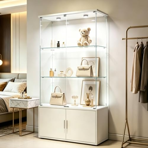 Vetrina in vetro con illuminazione a LED, vetrina in vetro con vetro e 4 ante, 4 ripiani, per oggetti da collezione, libri, modelli, giocattoli (bianco 4 porte, 4 strati+LED)