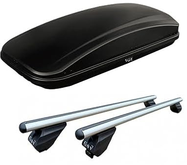 BOX BAULE FARAD CRUB NERO GOFFRATO ANTIGRAFFIO 430 LITRI + BARRE PORTATUTTO PORTAPACCHI PORTABAGAGLI da Tetto AUTO SPECIFICHE per 500X con BARRE LONGITUDINALI - 1-93431 - A3100-9711