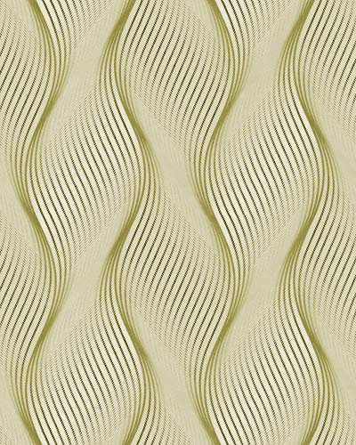 Papier peint à rayures EDEM 85030BR35 papier peint vinyle légèrement texturé avec des lignes ondulées et des accents métalliques vert jaune-olive blanc argent 5,33 m2