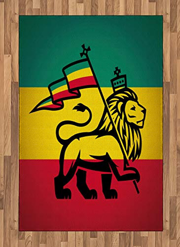 ABAKUHAUS Rasta Teppich, Judah Lion Rastafari Flagge, Deko-Teppich Digitaldruck, Färben mit langfristigen Halt, 120 x 180 cm, Gelb Schwarz