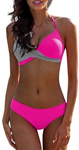 Dambikiniset, push-up, vadderad tvådelad baddräkt, sexig halterneck, bikini, kanpola, crossover, bikinitopp och triangel-bikinitrosor, badmode med färgblock, 11-varm rosa, 42 SE