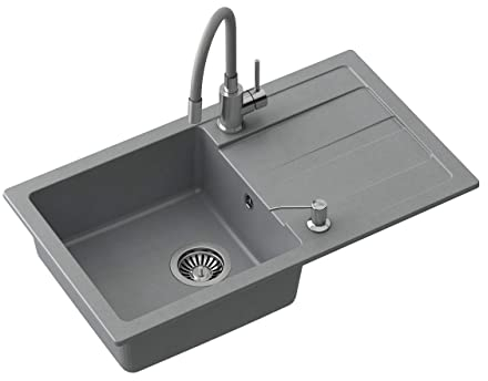 VBChome Spülbecken mit Armatur 77 x 44 cm Grau Granit Einzelbecken Einbauspüle Abtroffläche gesprenkelt reversibel Verbundspüle + Siphon Spülmittelspender Armatur
