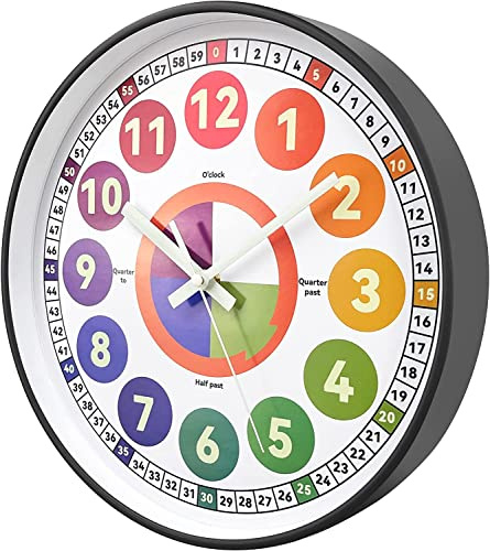 DORBOKER Glow in The Dark Wall Clock for Bedroom, 12 Inch Silent Night Light Kids Wall Clock, Colorful Illuminated Telling Time Teaching Clock (Illuminated Mica Gray, 30cm/12inch)