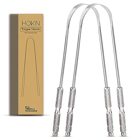 HOKIN Zungenschaber für Erwachsene Zungenreiniger Edelstahl Mundgeruch Bekämpfen 100% Metall Tongue Scraper Cleaner Männer und Frauen Zungenbürste Mundhygiene Produkt (2Pcs Mundpflege Pack)
