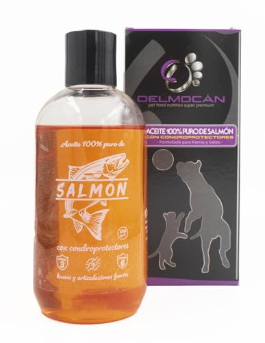 Delmocan – Aceite de Salmón 250 ml para Perros y Gatos con Condroprotectores | Suplemento Natural Omega 3, 6 y 9 | Cuida Articulaciones, Piel y Pelaje