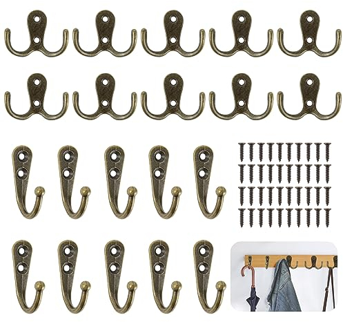 Yuechenggui 20 Stück Kleiderhaken Wand Doppelhaken Vintage Wandhaken Garderobenhaken Bronze Hakenset mit Schrauben Kleiderhacken Handtuch Häkchen Jackenhaken für Tür,Schränke, Küche, Büro Huthaken