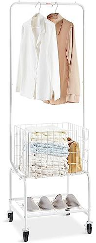 VEVOR Metal Rolling Laundry Basket with Hanging Garment Rack, Laundry Hamper Cart Adjustable Height with Basket Load and Shelf Load, Storage Organizer with Heavy Duty Lockable Wheels