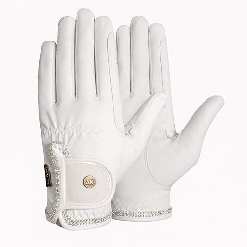 AK Horse Riding Gloves for Women & Men – Competition Equestrian Gloves with Crystal Diamante Design – Comfortable, Non-Slip Grip – Premium Show & Dressage Gloves AKRS-6366 (White, L)