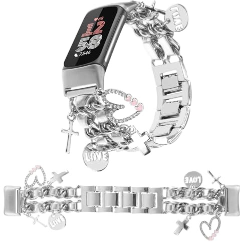 REALSIGN Snyggt metallarmband kompatibelt med Fitbit Charge 6 / Charge 5 band för kvinnor, söt rem med unika kärleks korshängen, kedja, berlocker, armband för laddning 5 6 fitnessmätare, Compatible