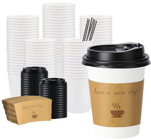 BYSNOW 100 pack 12 oz Disposable Thickened Coffee Cups with Lids, Scald Resistant Hot Cup with Sleeve and Straw, To Go Coffee Cups for Home, Office, Cafes and Party (White 12oz)