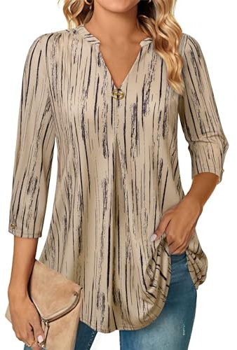 VALOLIA Women Shirts 3/4 Length Sleeve Work Tops for Women Business Casual Tunic Blouses for Women Loose Fit Dressy Ladies Summer Tops and Blouses 2025 Three Quarter Sleeve Tops Woman Beige Stripe L