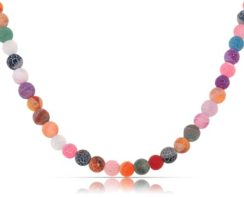 Made by Nami Bunte Perlenkette Damen aus echten Steinen mit Schlangenmaserung Boho Schmuck 40 + 5 cm Länge (Bunt)